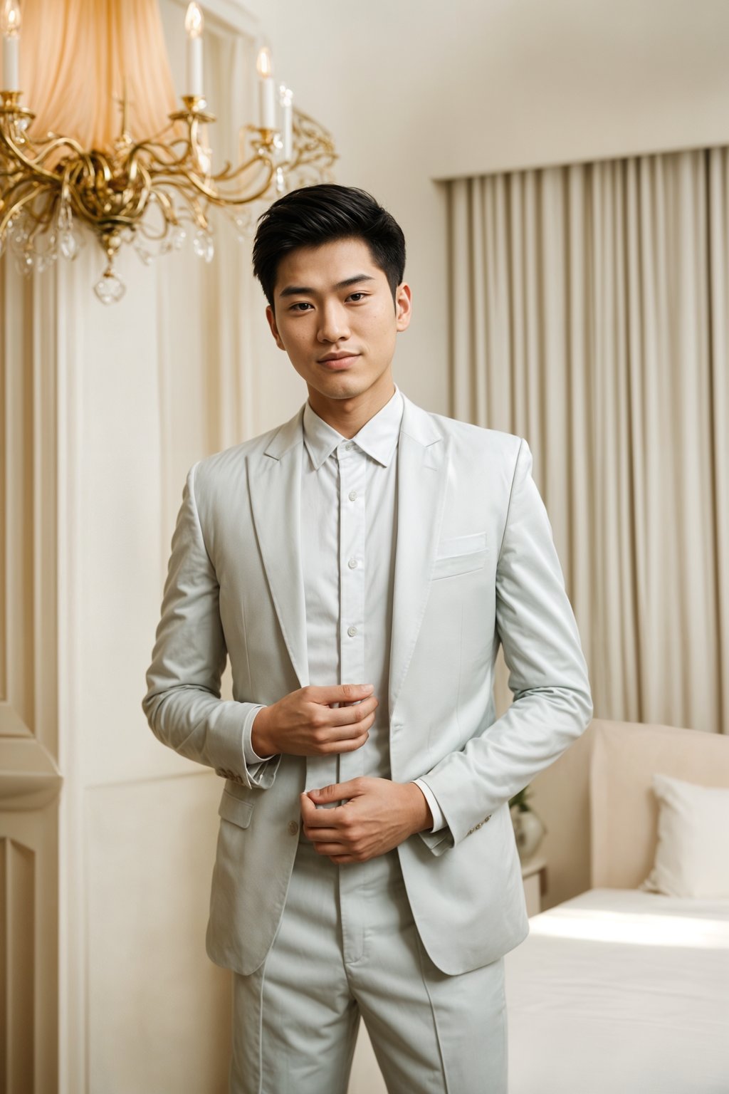 full body shot of smiling man in wedding photoshoot. Bridal style. Wedding style. Marriage style. Wedding  suit. At a glamorous hotel wedding venue.