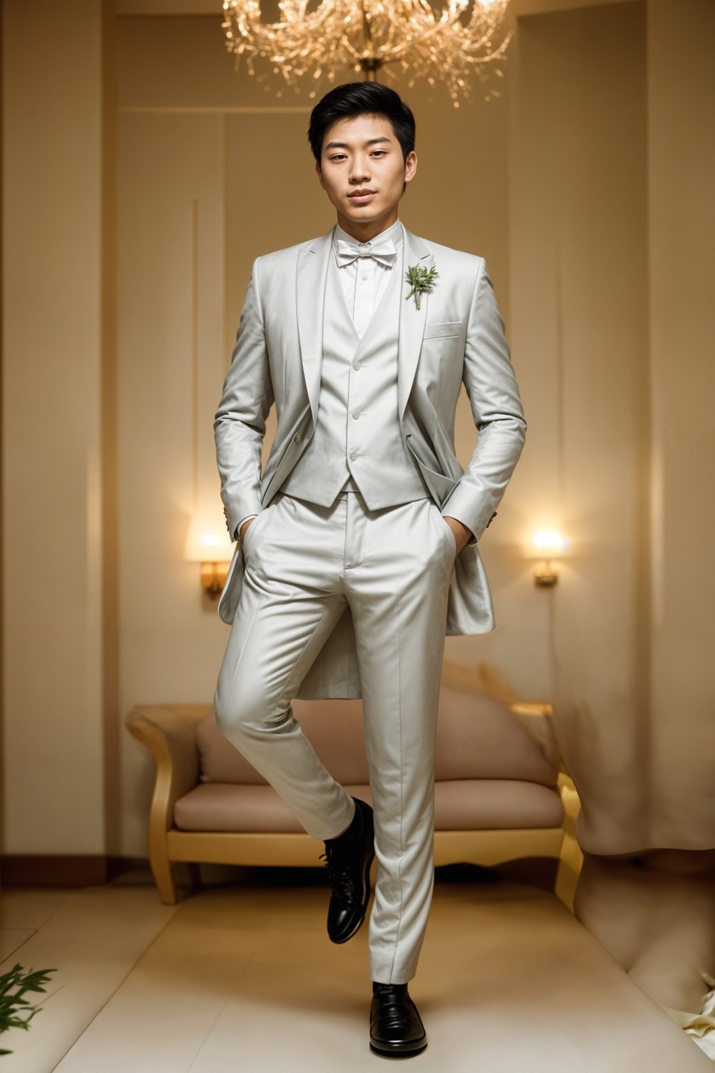 full body shot of smiling man in wedding photoshoot. Bridal style. Wedding style. Marriage style. Wedding  suit. At a glamorous hotel wedding venue.