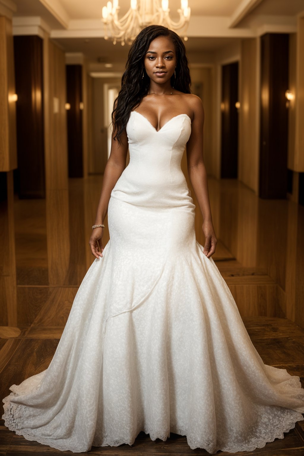 full body shot of smiling woman in wedding photoshoot. Bridal style. Wedding style. Marriage style. Wedding dress . At a glamorous hotel wedding venue.