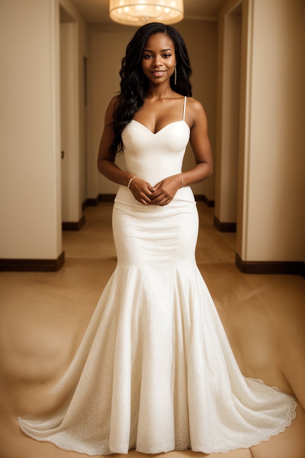 full body shot of smiling woman in wedding photoshoot. Bridal style. Wedding style. Marriage style. Wedding dress . At a glamorous hotel wedding venue.