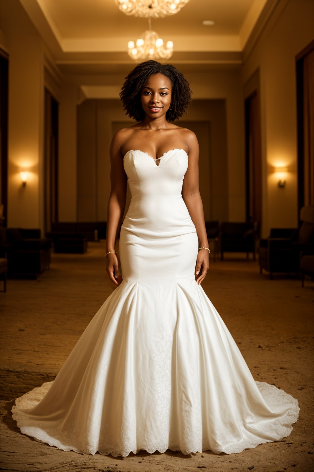 full body shot of smiling woman in wedding photoshoot. Bridal style. Wedding style. Marriage style. Wedding dress . At a glamorous hotel wedding venue.