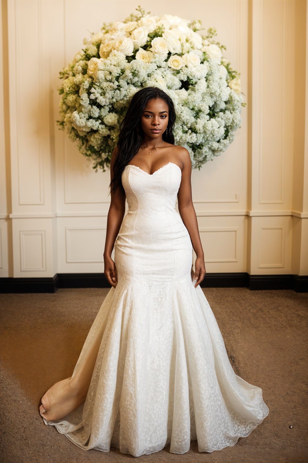 full body shot of smiling woman in wedding photoshoot. Bridal style. Wedding style. Marriage style. Wedding dress . At a glamorous hotel wedding venue.