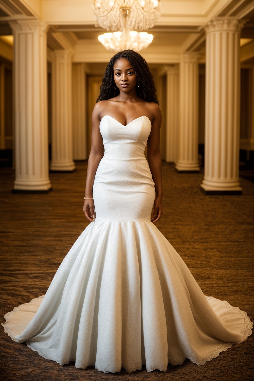 full body shot of smiling woman in wedding photoshoot. Bridal style. Wedding style. Marriage style. Wedding dress . At a glamorous hotel wedding venue.