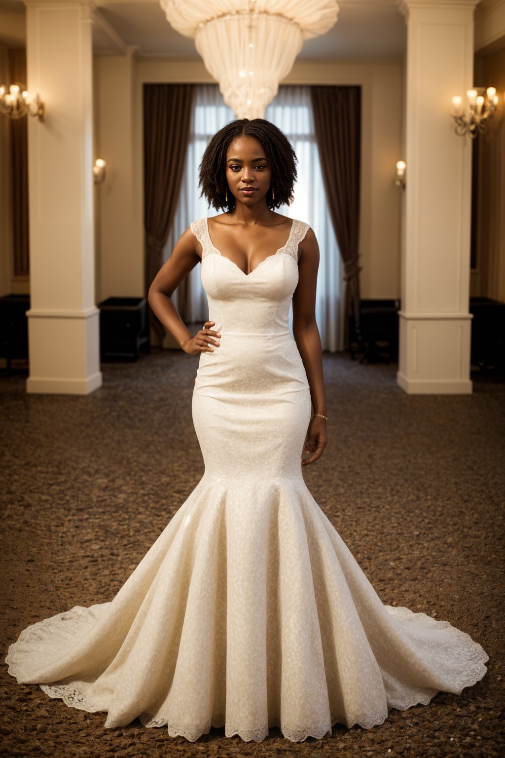 full body shot of smiling woman in wedding photoshoot. Bridal style. Wedding style. Marriage style. Wedding dress . At a glamorous hotel wedding venue.