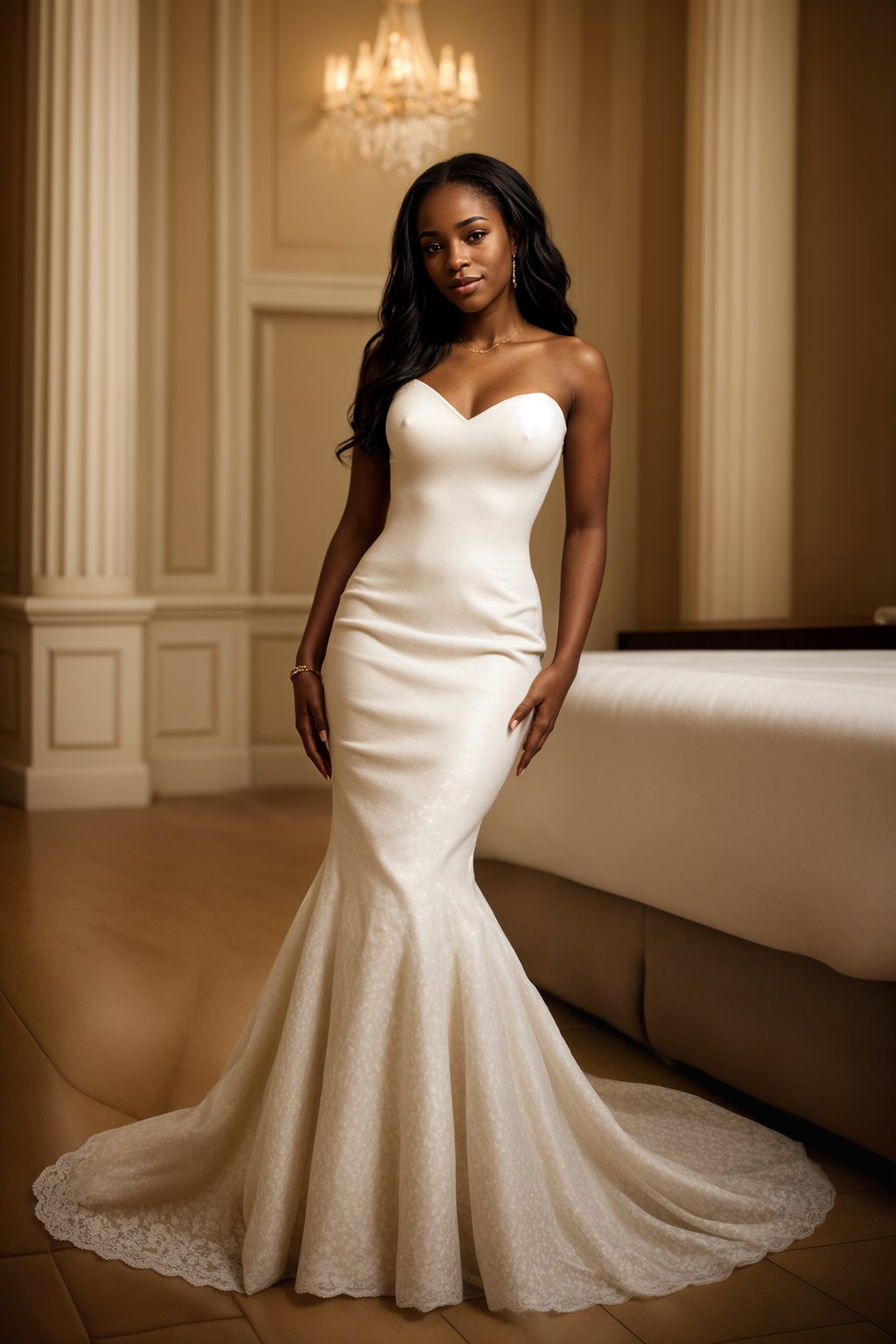 full body shot of smiling woman in wedding photoshoot. Bridal style. Wedding style. Marriage style. Wedding dress . At a glamorous hotel wedding venue.