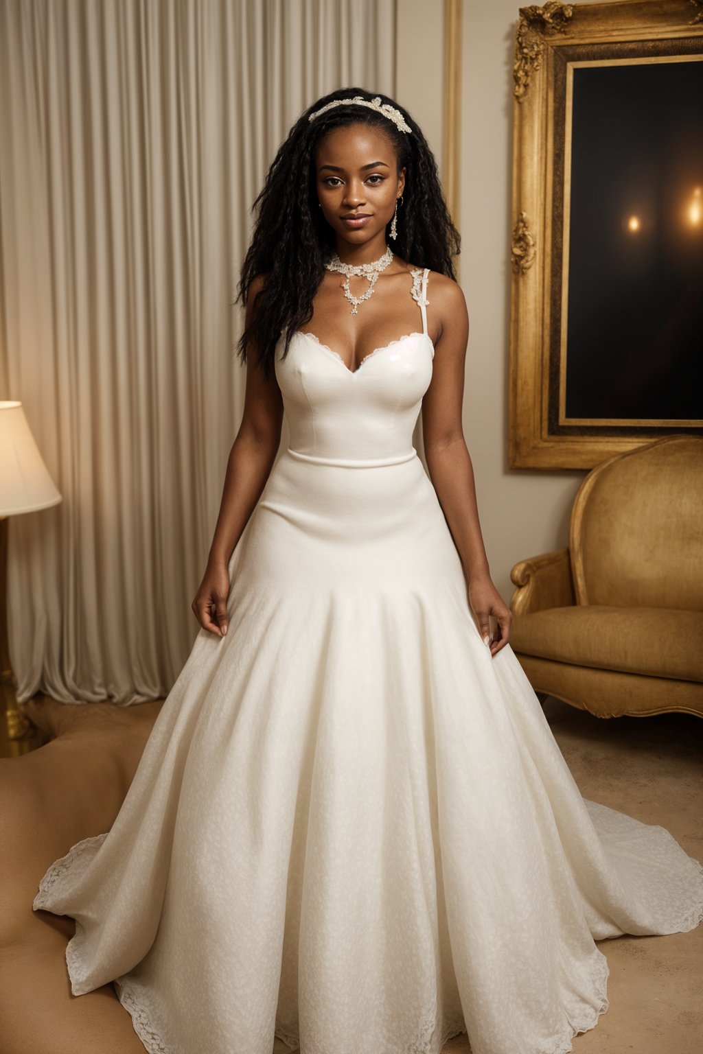 full body shot of smiling woman in wedding photoshoot. Bridal style. Wedding style. Marriage style. Wedding dress . At a glamorous hotel wedding venue.