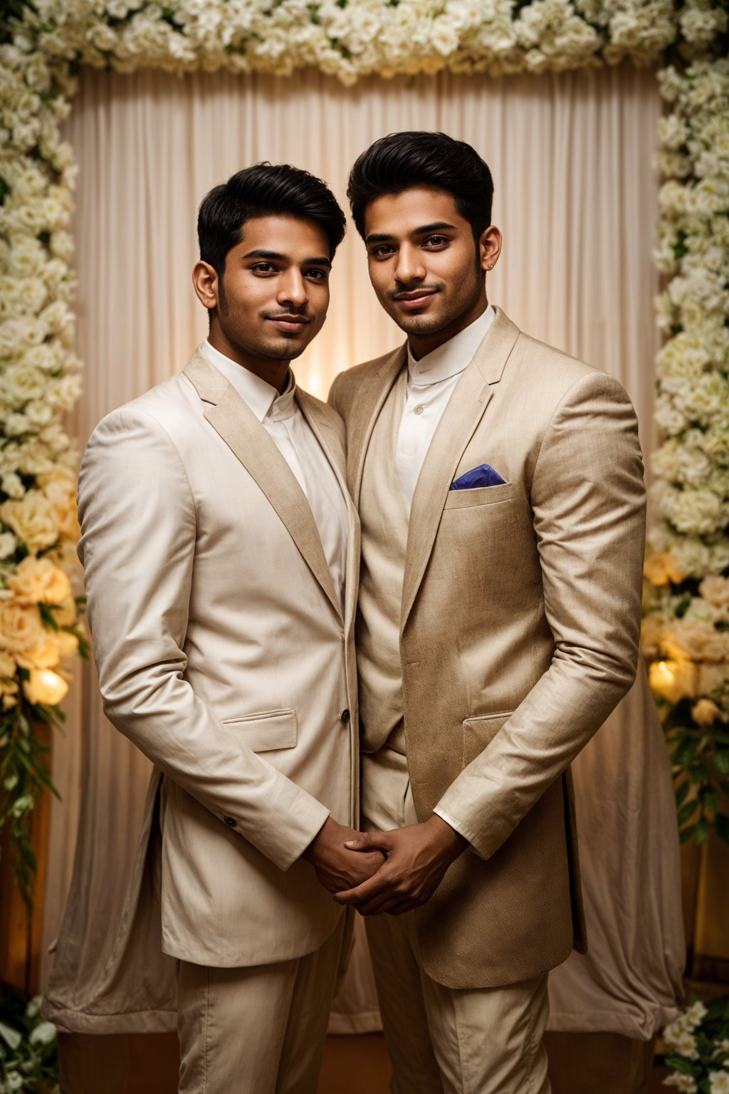 full body shot of smiling man in wedding photoshoot. Bridal style. Wedding style. Marriage style. Wedding  suit. At a glamorous hotel wedding venue.