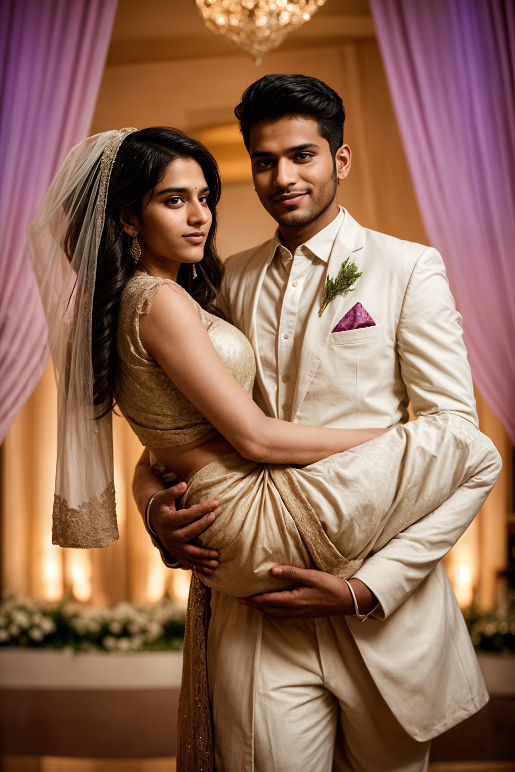 full body shot of smiling man in wedding photoshoot. Bridal style. Wedding style. Marriage style. Wedding  suit. At a glamorous hotel wedding venue.