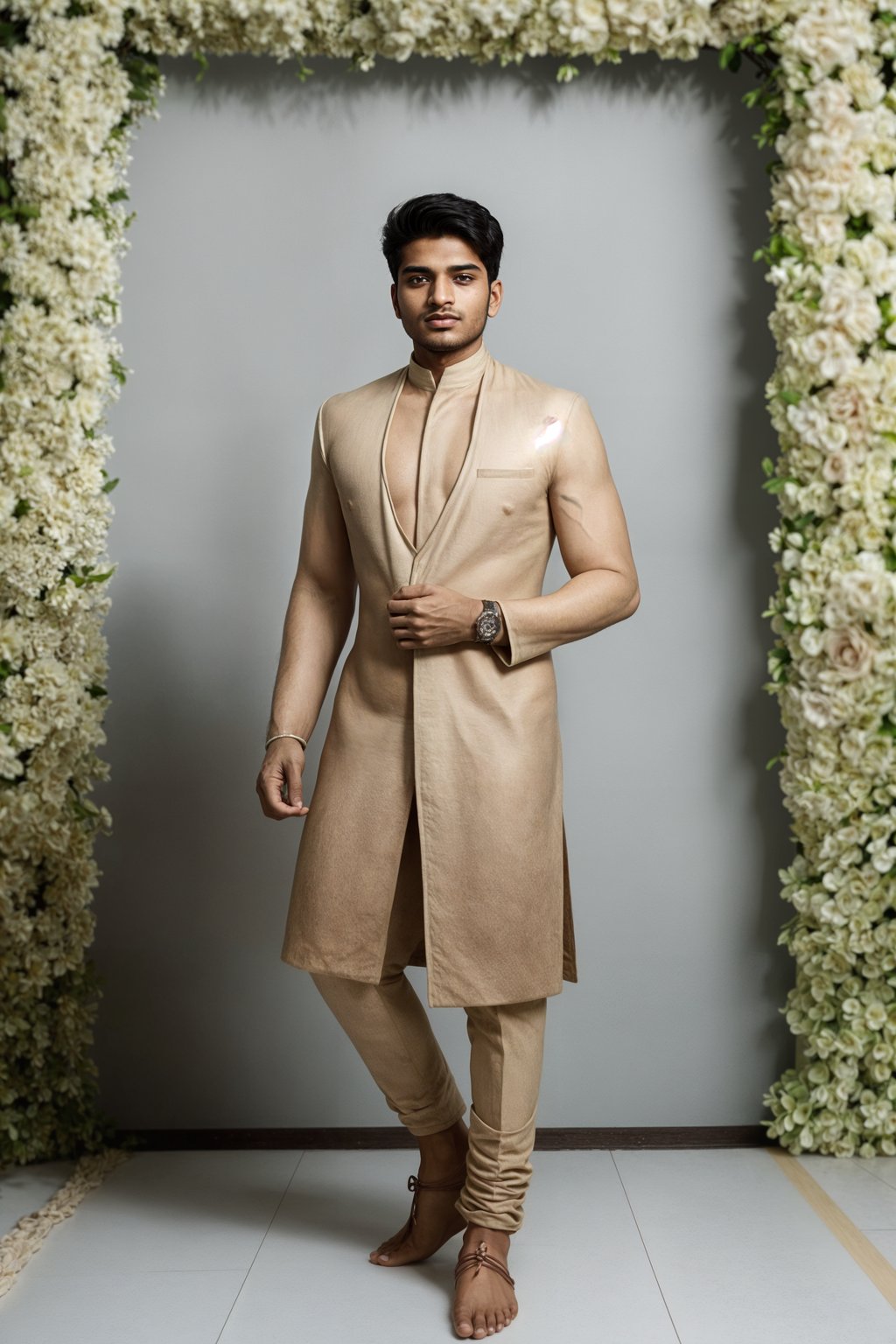 full body shot of smiling man in wedding photoshoot. Bridal style. Wedding style. Marriage style. Wedding  suit. At a glamorous hotel wedding venue.