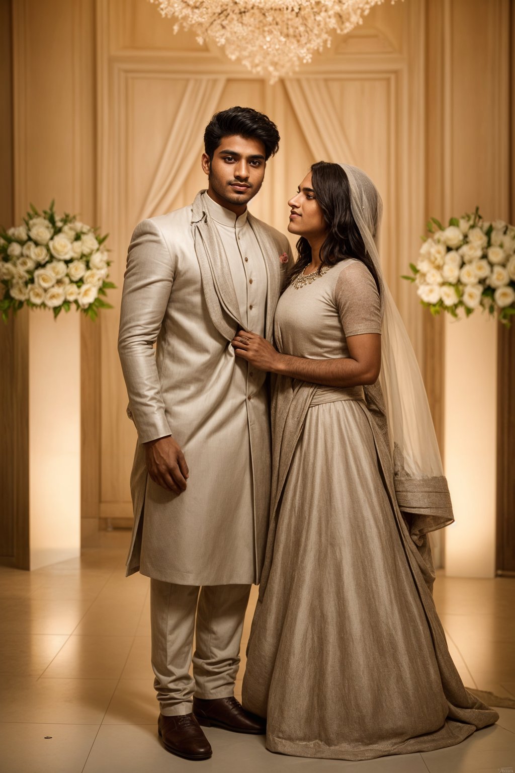 full body shot of smiling man in wedding photoshoot. Bridal style. Wedding style. Marriage style. Wedding  suit. At a glamorous hotel wedding venue.