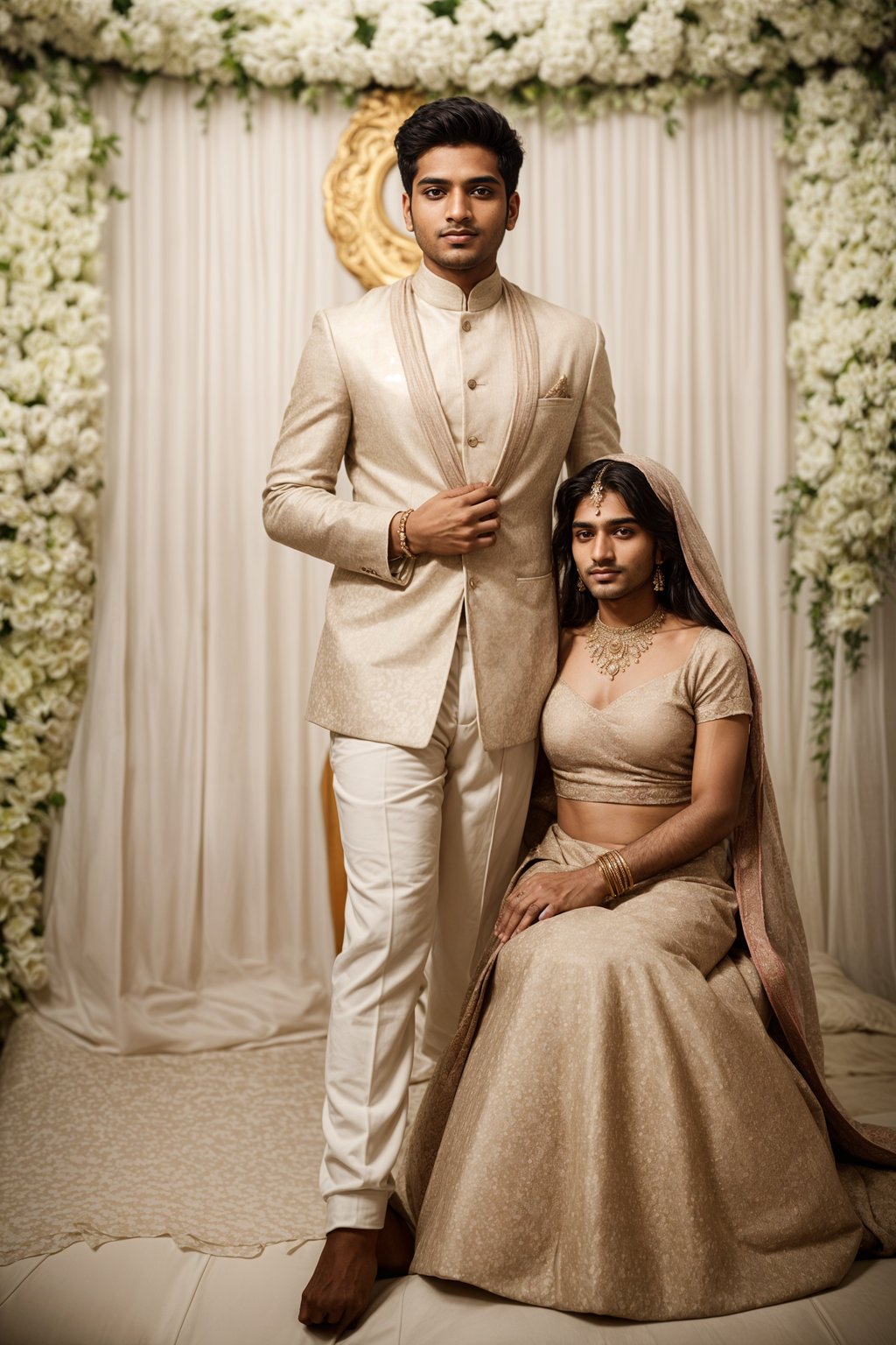 full body shot of smiling man in wedding photoshoot. Bridal style. Wedding style. Marriage style. Wedding  suit. At a glamorous hotel wedding venue.