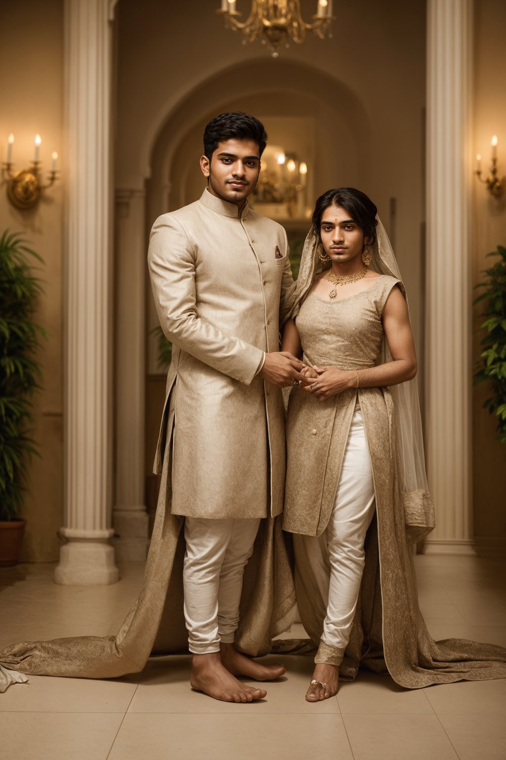 full body shot of smiling man in wedding photoshoot. Bridal style. Wedding style. Marriage style. Wedding  suit. At a glamorous hotel wedding venue.