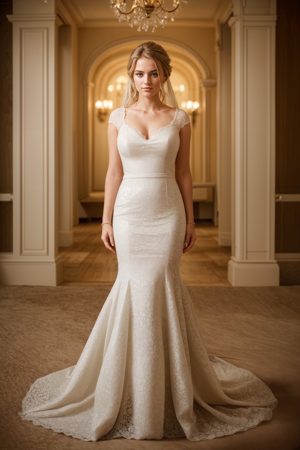 full body shot of smiling woman in wedding photoshoot. Bridal style. Wedding style. Marriage style. Wedding dress . At a glamorous hotel wedding venue.