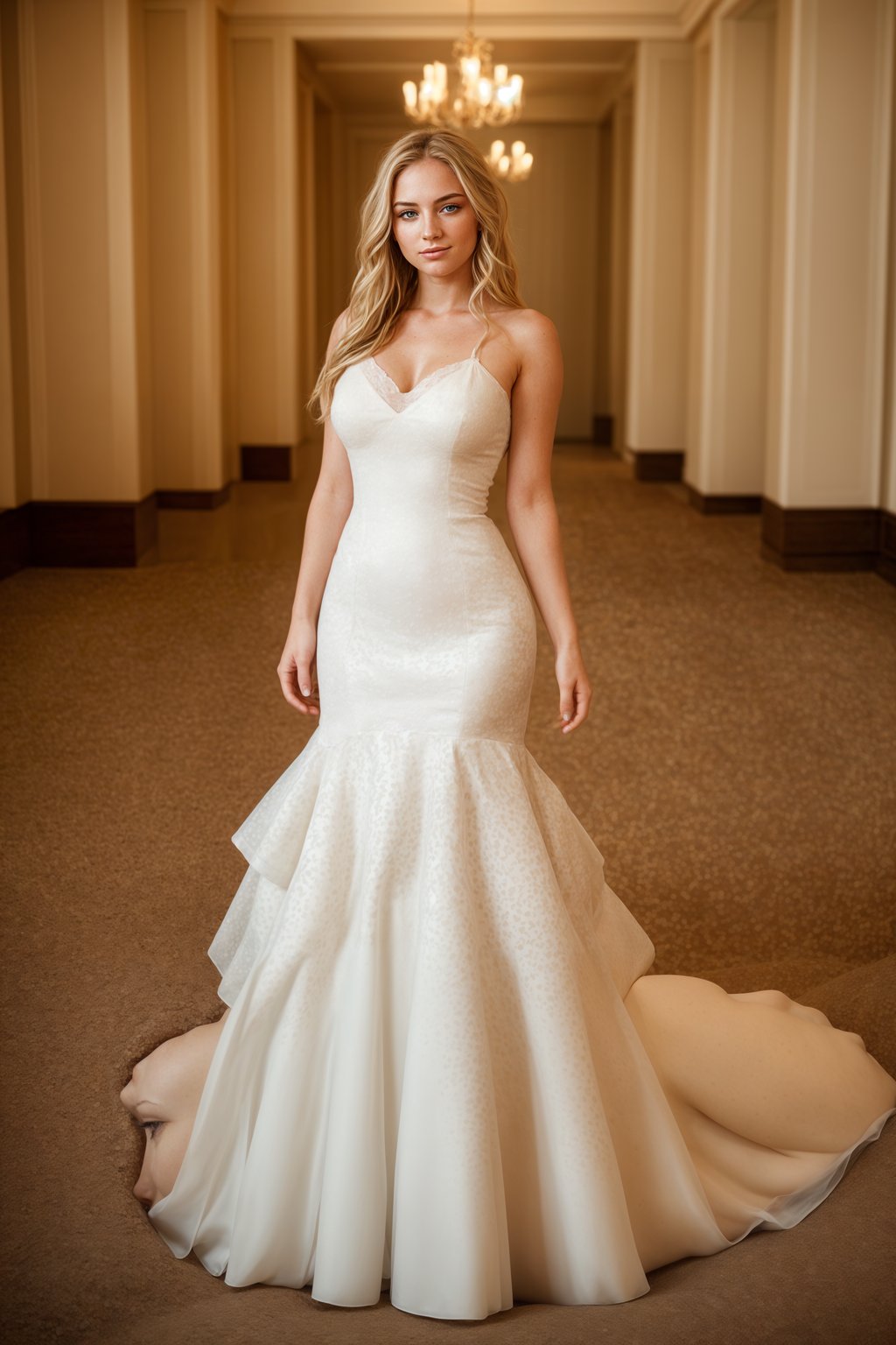 full body shot of smiling woman in wedding photoshoot. Bridal style. Wedding style. Marriage style. Wedding dress . At a glamorous hotel wedding venue.