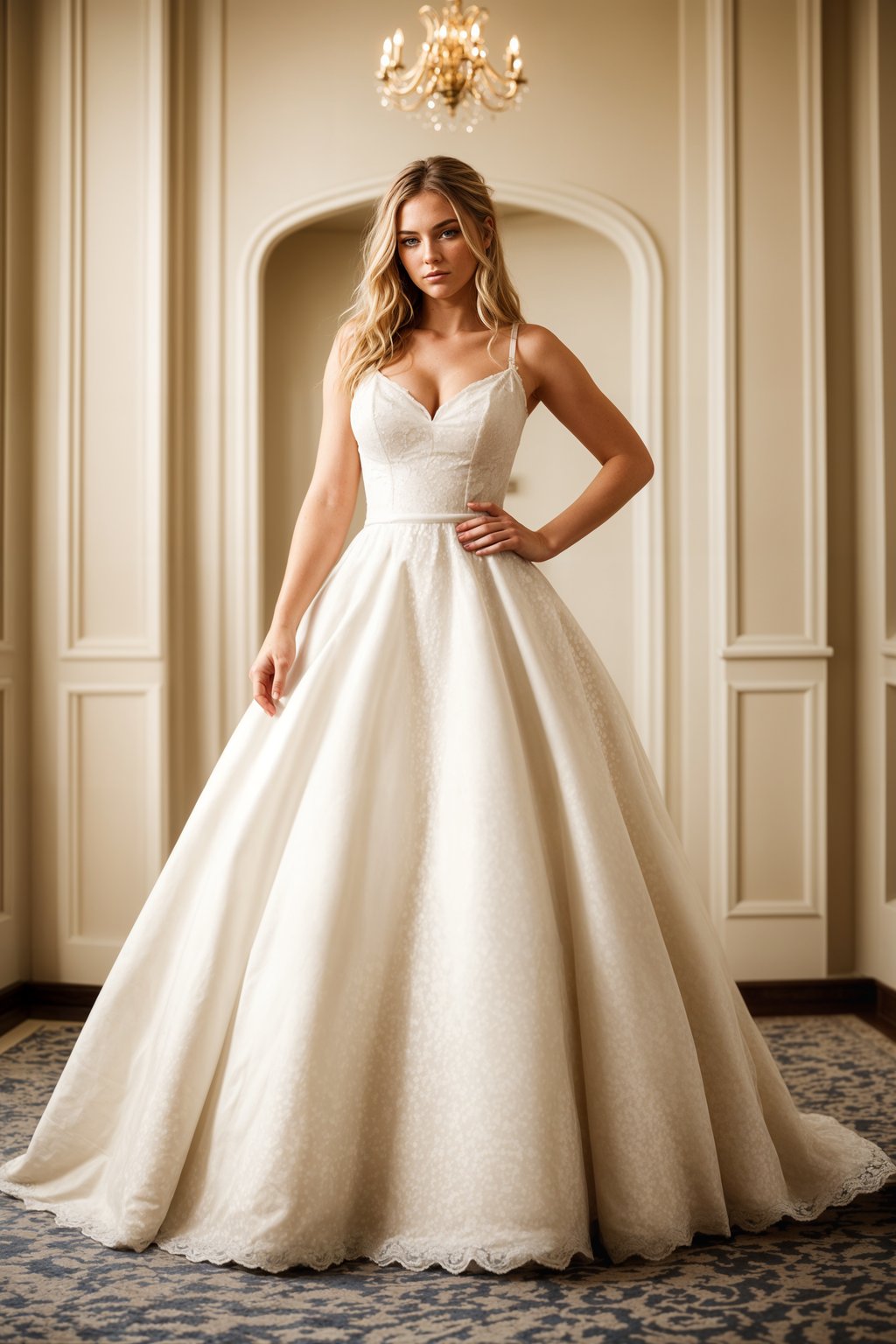 full body shot of smiling woman in wedding photoshoot. Bridal style. Wedding style. Marriage style. Wedding dress . At a glamorous hotel wedding venue.