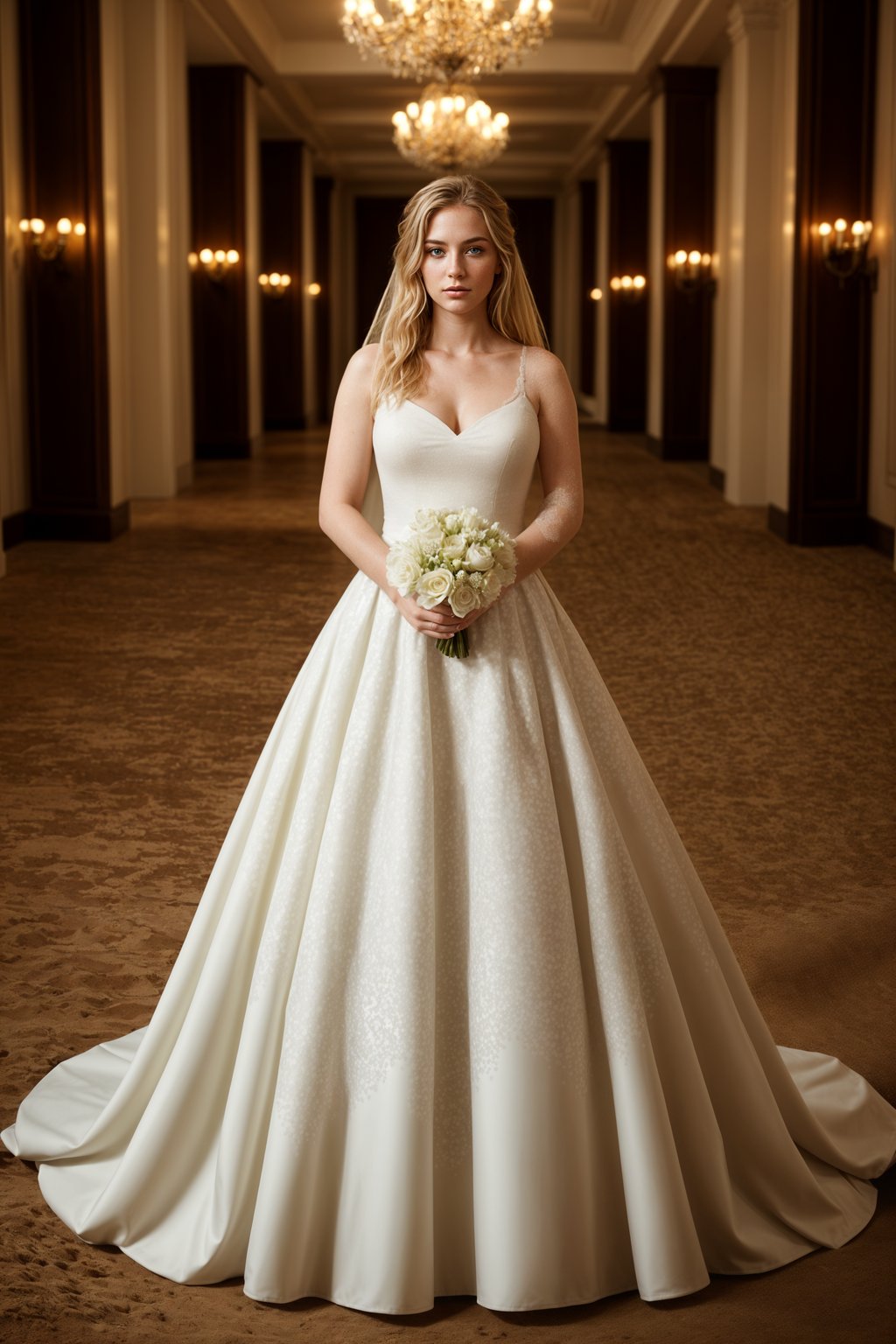 full body shot of smiling woman in wedding photoshoot. Bridal style. Wedding style. Marriage style. Wedding dress . At a glamorous hotel wedding venue.