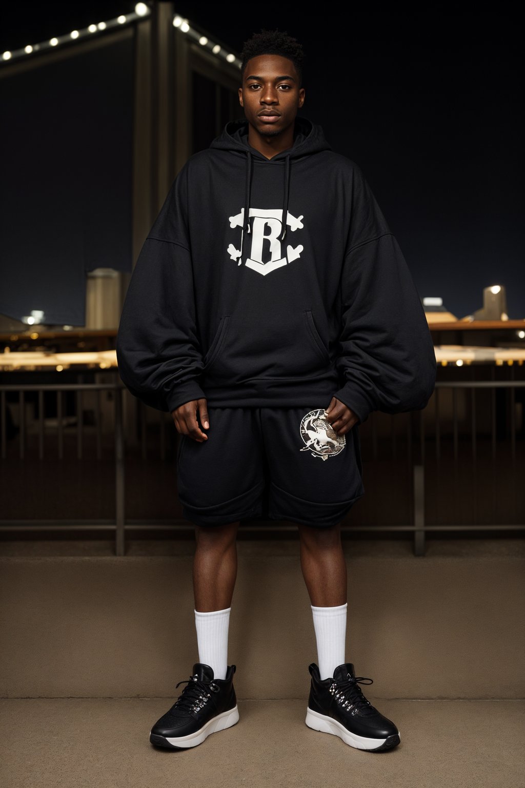 sharp and trendy man in New York City wearing an oversized sweatshirt and high top sneakers, Brooklyn Bridge in the background