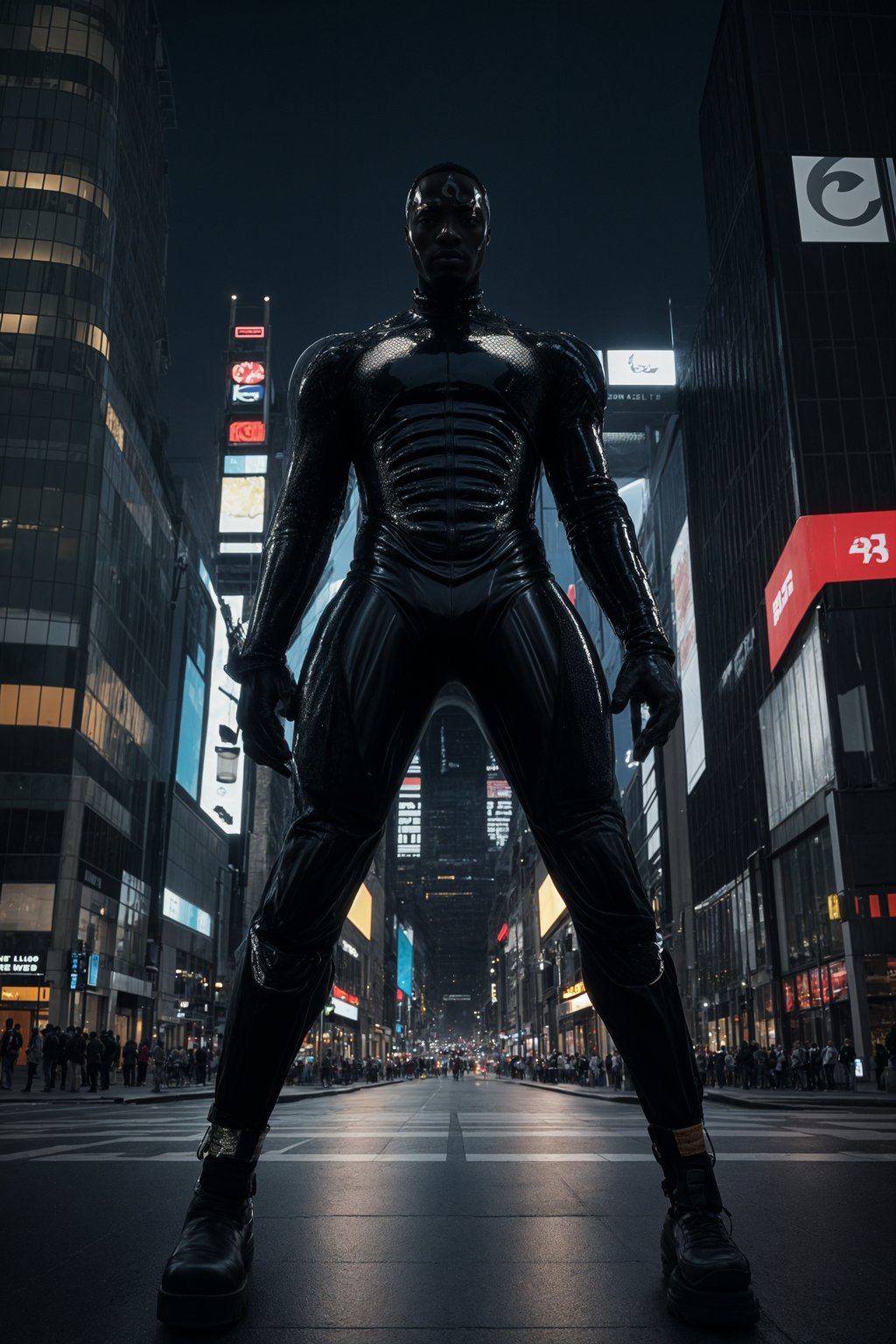 sharp and trendy man in Tokyo wearing a futuristic outfit, Shibuya crossing in the background