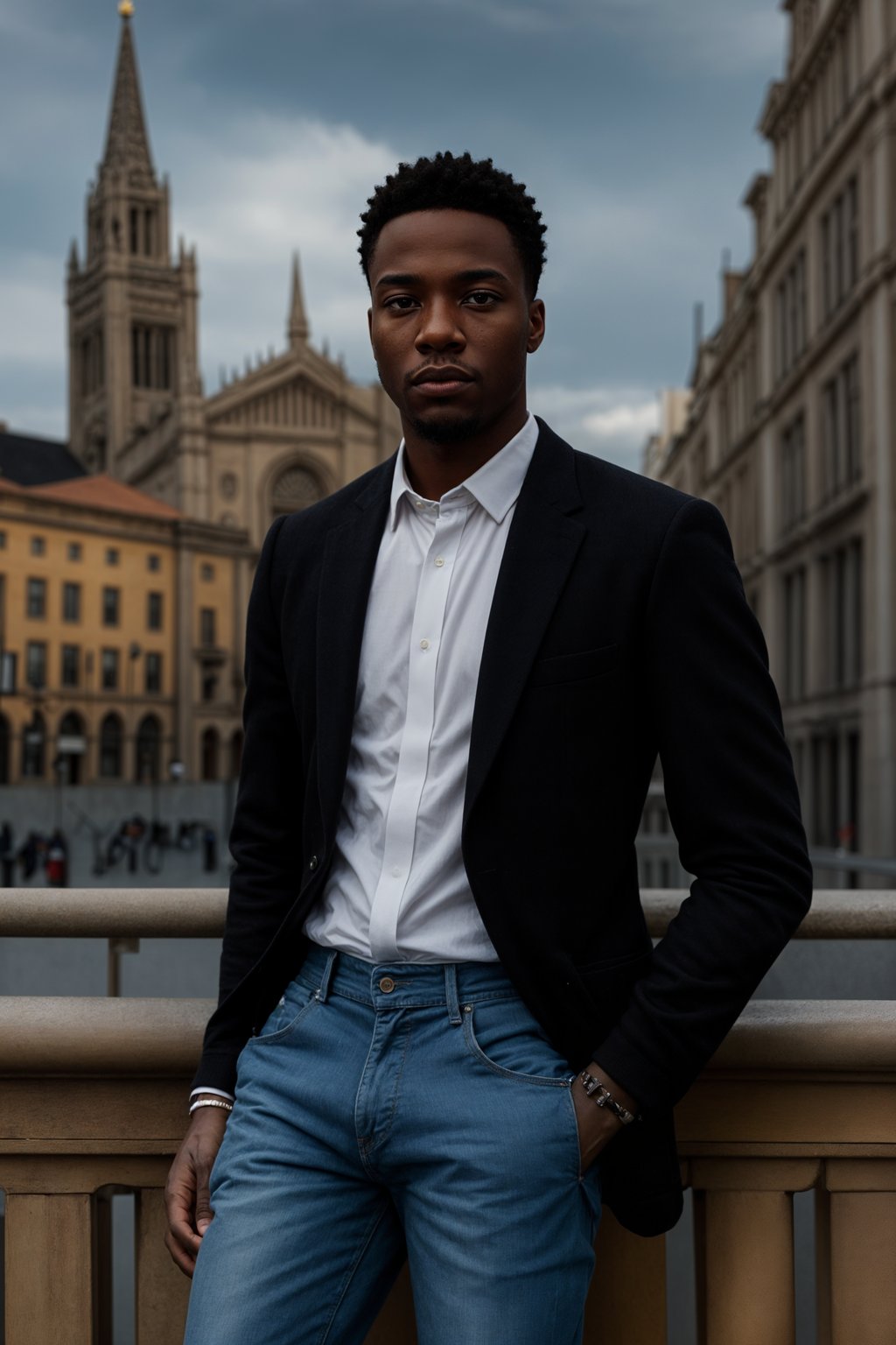 sharp and trendy man in Milan wearing a fashionable blazer and jeans, Duomo di Milano in the background