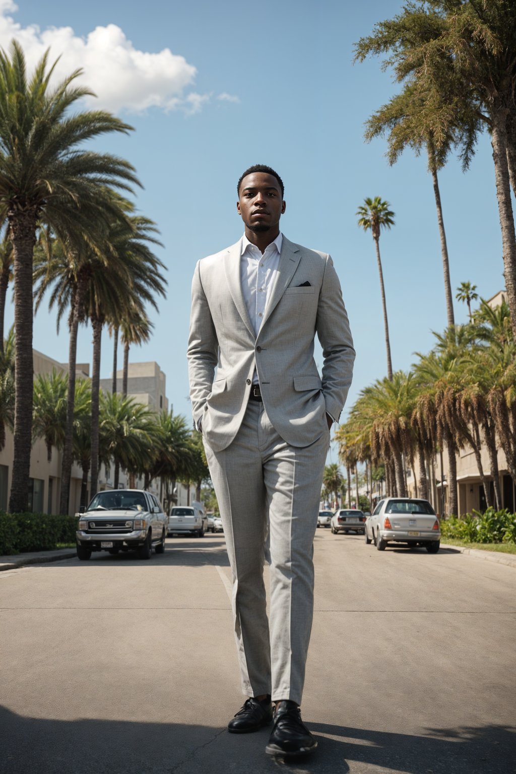 sharp and trendy man in Los Angeles wearing a summer dress/linen suit, palm trees in the background