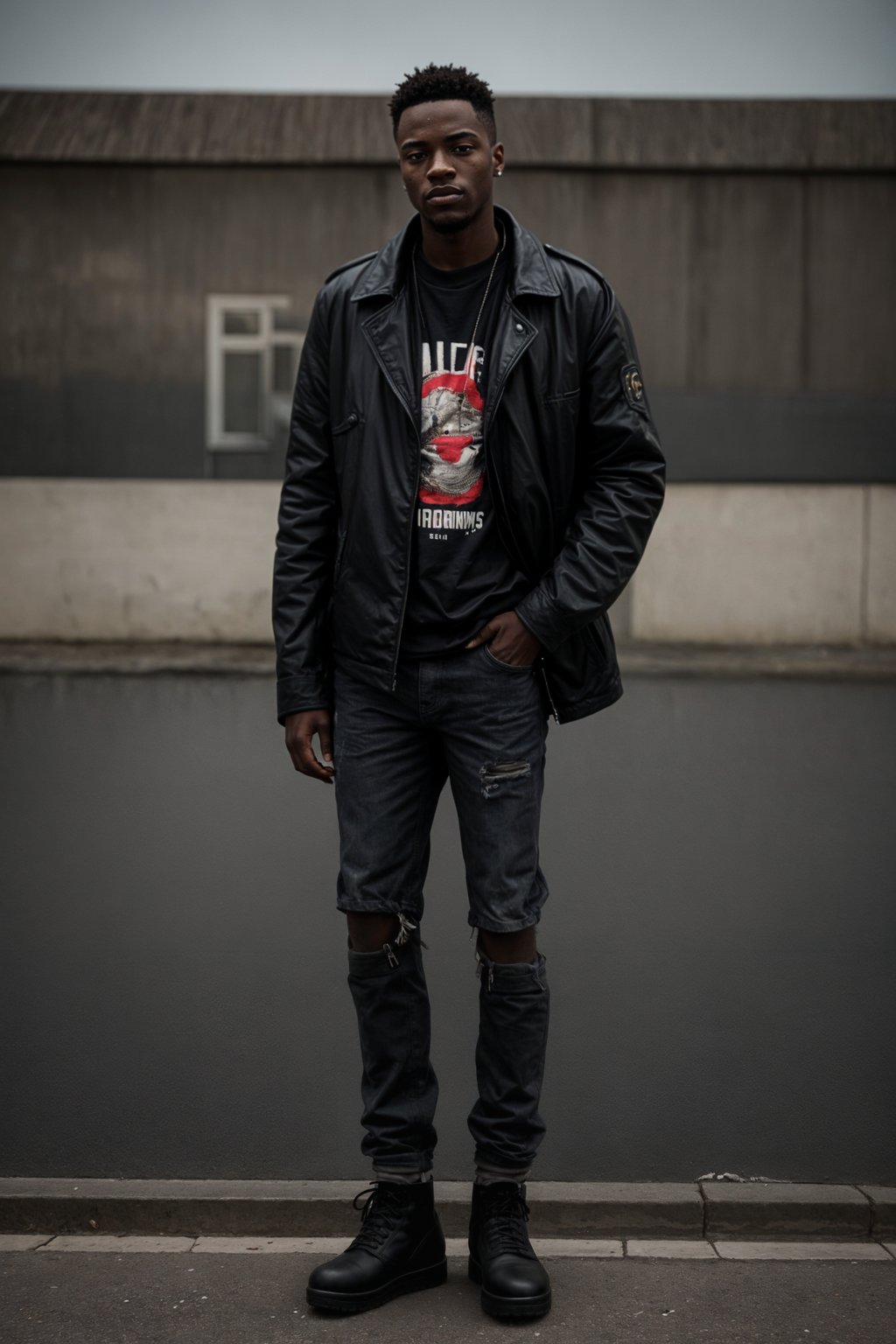 sharp and trendy man in Berlin wearing a grunge-inspired outfit, Berlin Wall in the background