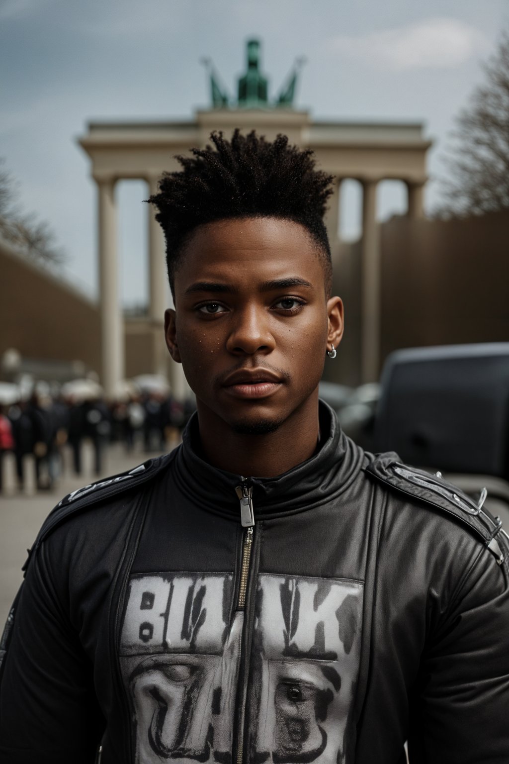 sharp and trendy man in Berlin wearing a punk-inspired outfit, Brandenburg Gate in the background