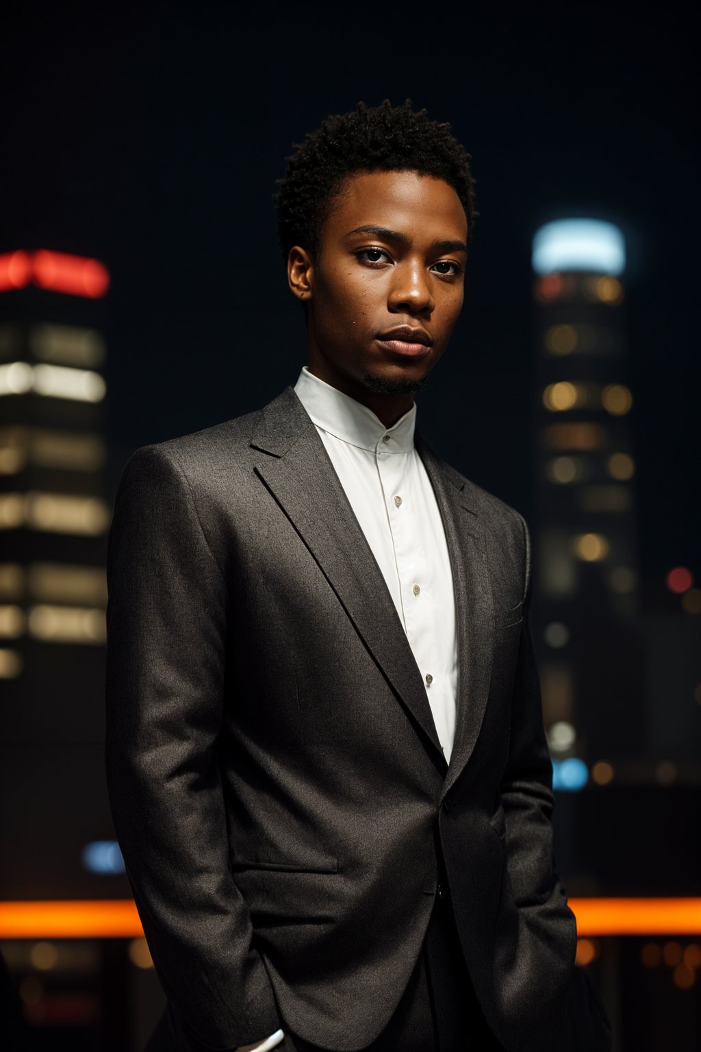 sharp and trendy man in Shanghai wearing a traditional qipao/mandarin-collar suit, modern skyline in the background