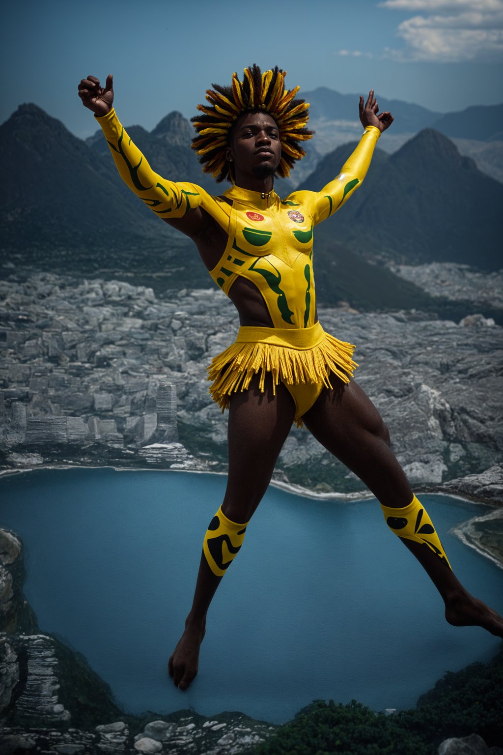 sharp and trendy man in Rio de Janeiro wearing a vibrant carnival-inspired costume, Christ the Redeemer statue in the background