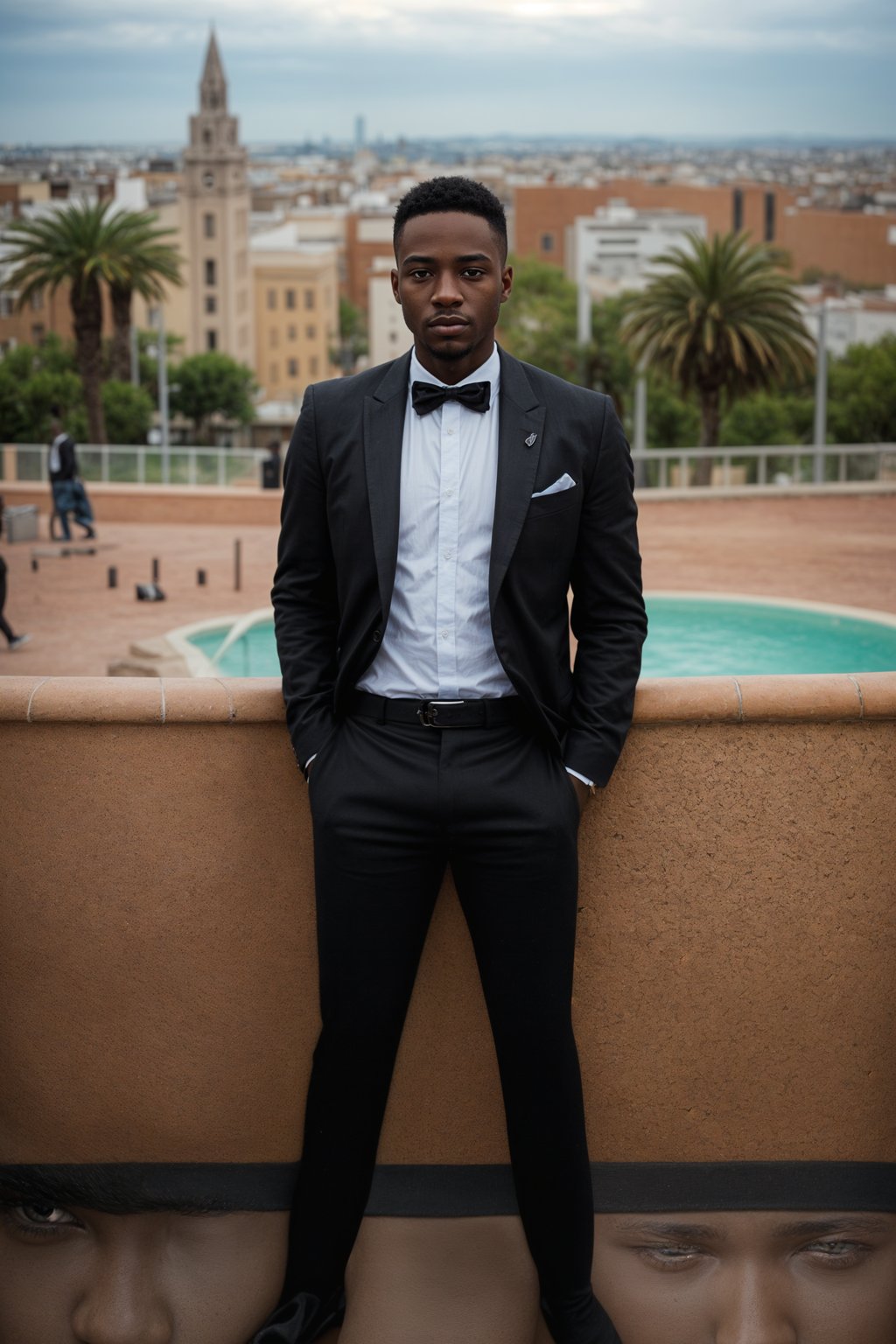 sharp and trendy man in Barcelona wearing a flamenco-inspired dress/suit, Park Güell in the background