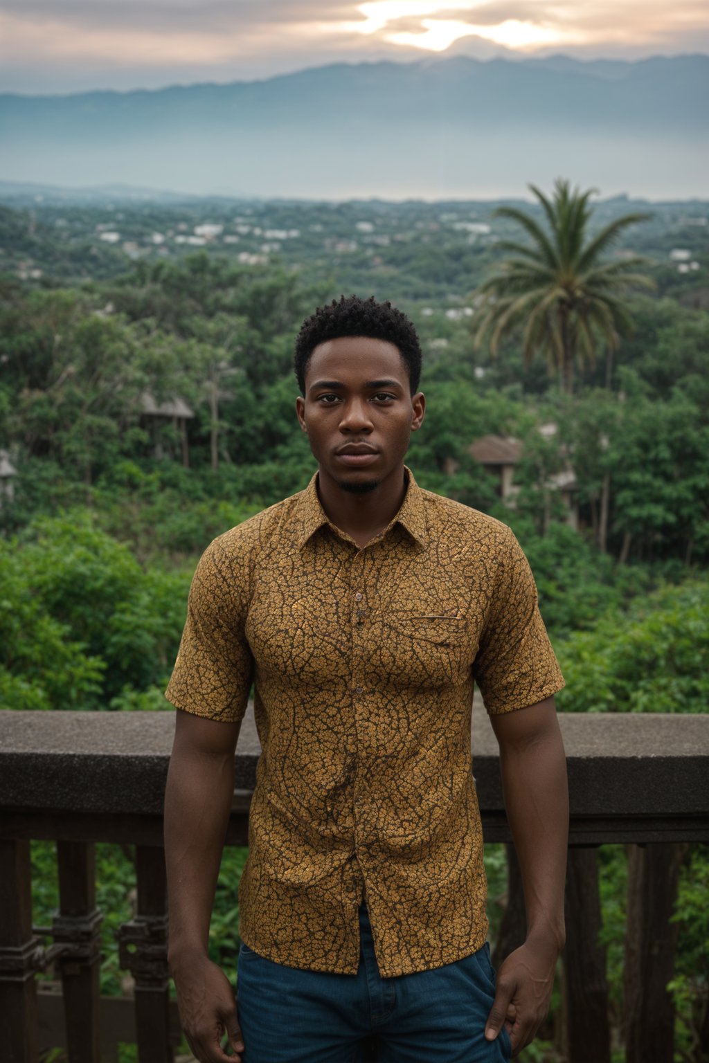 sharp and trendy man in Bali wearing vibrant Batik clothes, Bali, Indonesia in the background