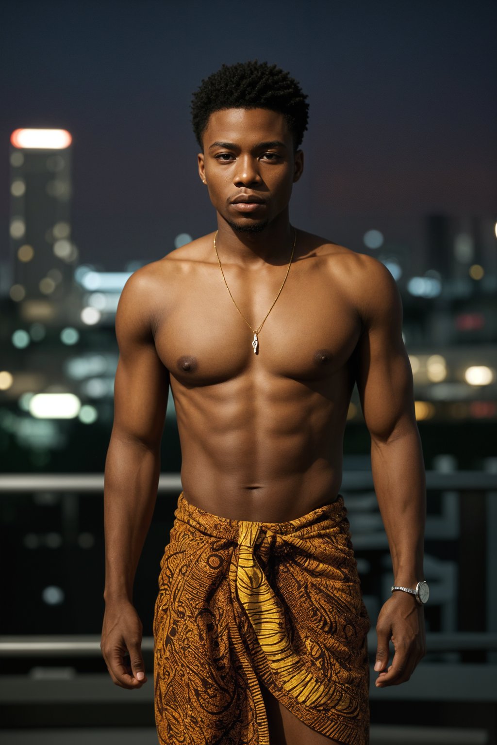 sharp and trendy man in Thailand wearing a vibrant sarong, Bangkok in the background