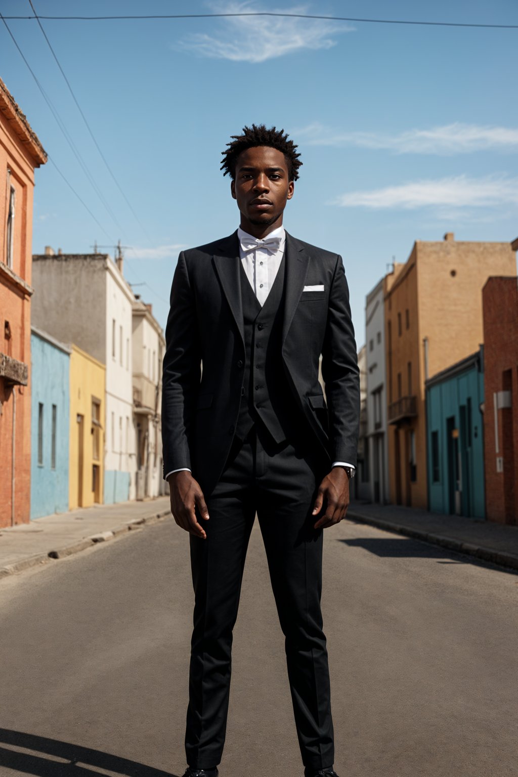 sharp and trendy man in Buenos Aires wearing a tango-inspired dress/suit, colorful houses of La Boca neighborhood in the background