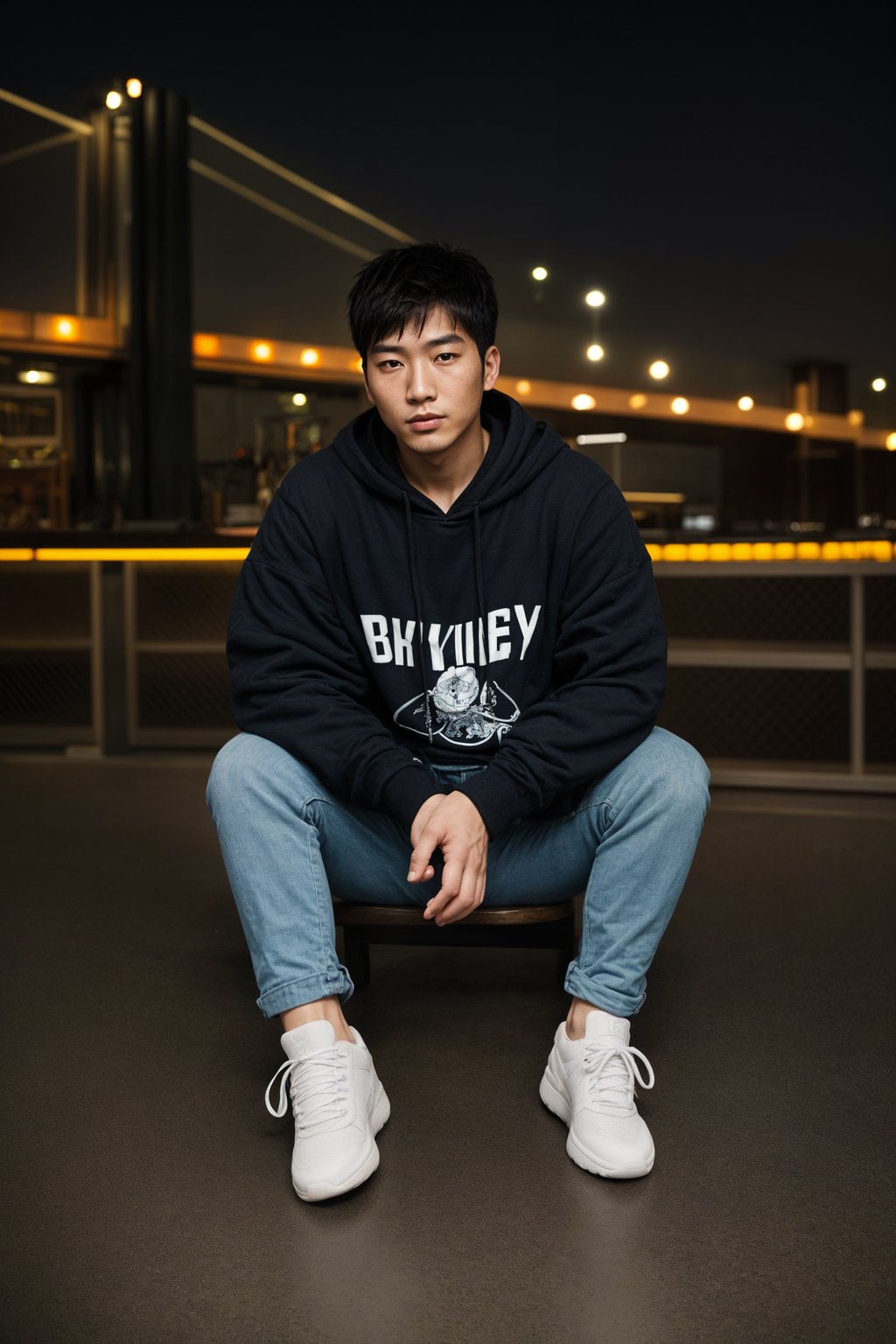 sharp and trendy man in New York City wearing an oversized sweatshirt and high top sneakers, Brooklyn Bridge in the background