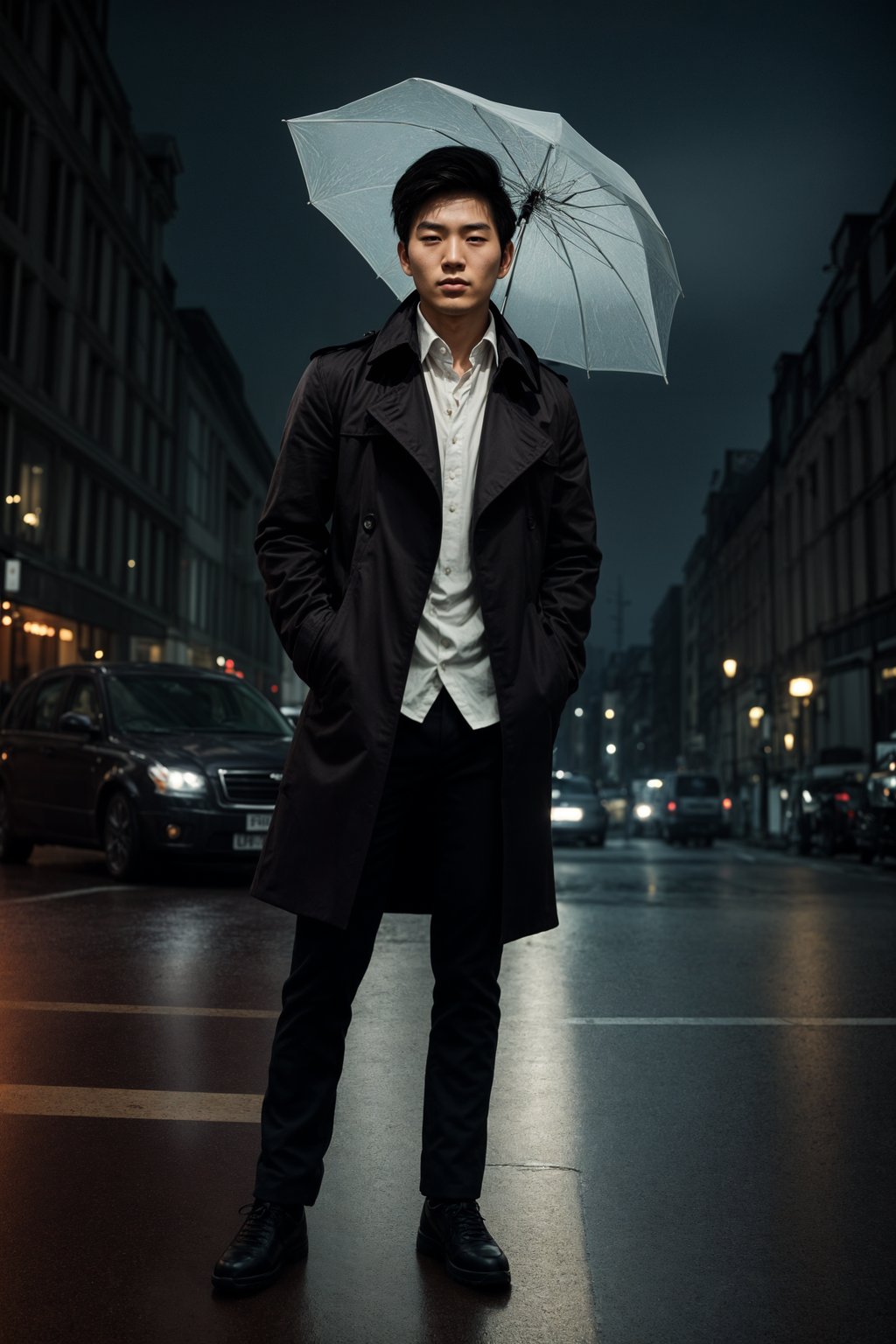 sharp and trendy man in London sporting a trench coat and holding an umbrella, iconic London cab in the background