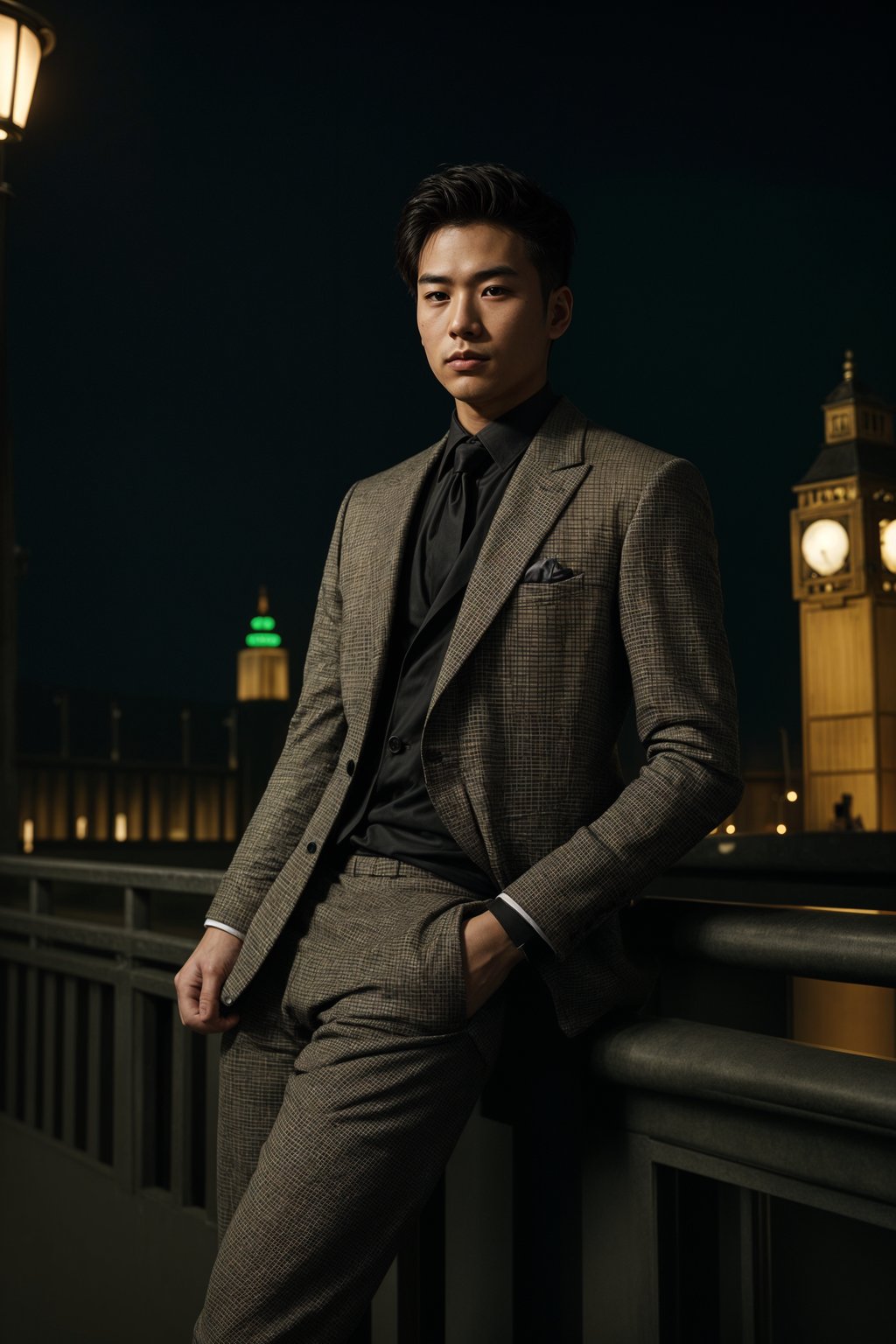 sharp and trendy man in London wearing a checkered suit, Big Ben in the background