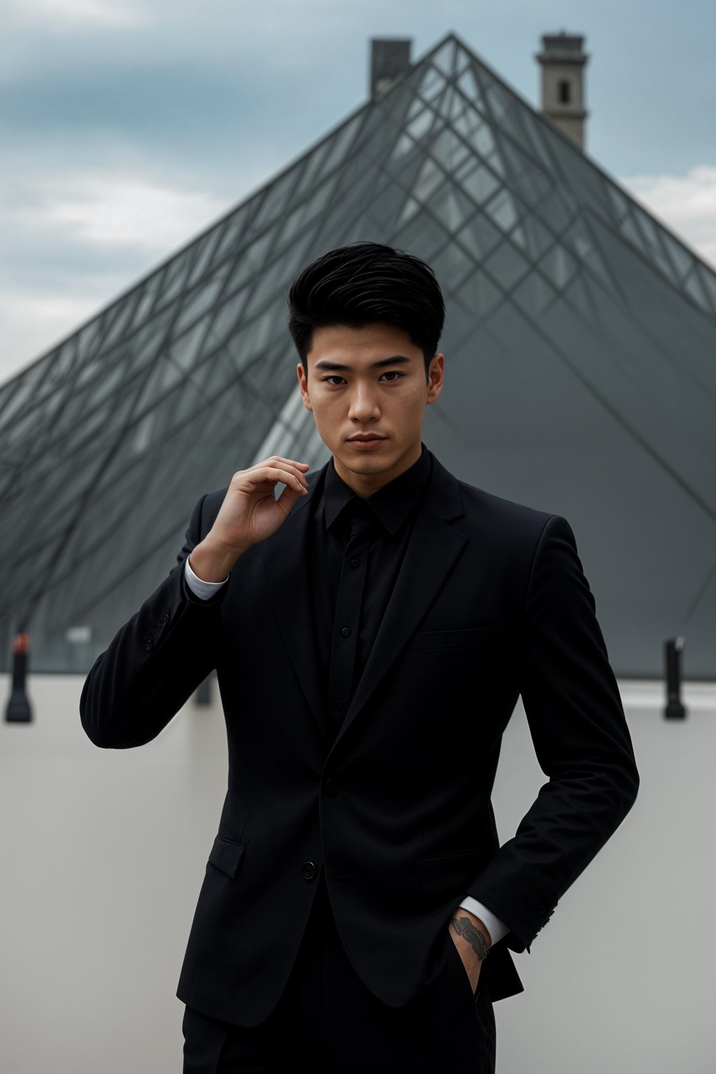 sharp and trendy man in Paris wearing a chic black dress/suit, Louvre pyramid in the background