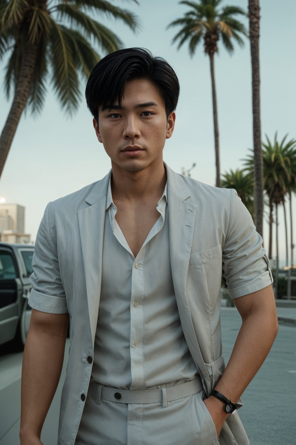 sharp and trendy man in Los Angeles wearing a summer dress/linen suit, palm trees in the background