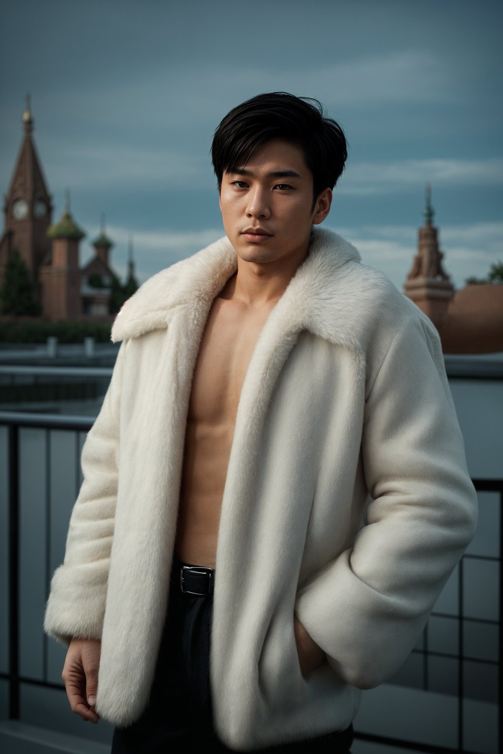 sharp and trendy man in Moscow wearing a faux fur coat, Kremlin in the background