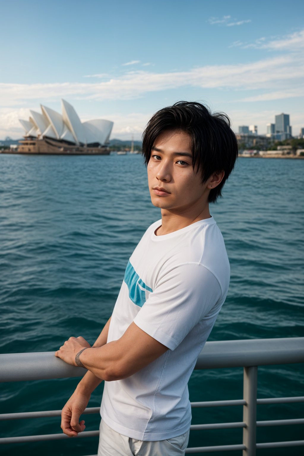 sharp and trendy man in Sydney wearing a surf-inspired outfit, Sydney Opera House in the background