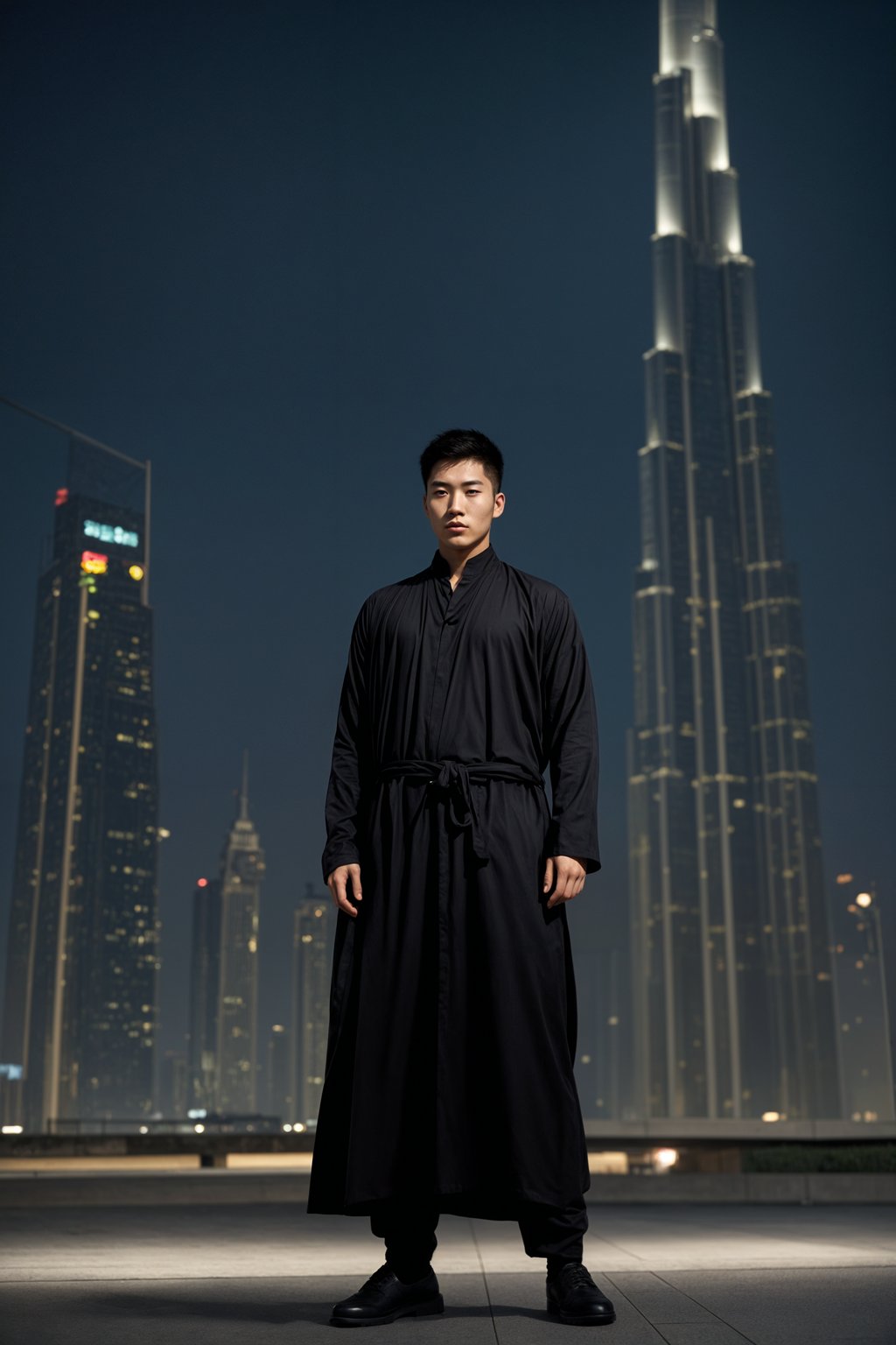 sharp and trendy man in Dubai wearing a modern, chic abaya/thobe, skyscrapers of Dubai in the background