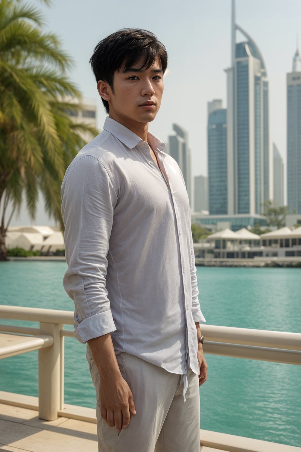 sharp and trendy man in Dubai wearing a stylish sundress/linen shirt, the Atlantis hotel in the background