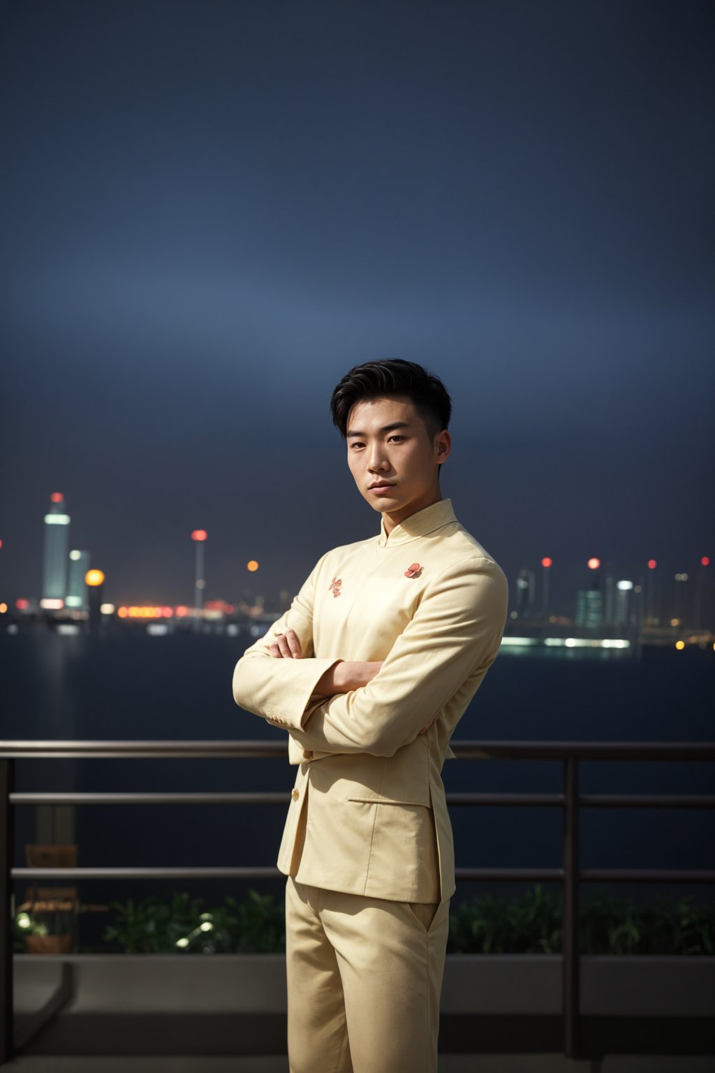 sharp and trendy man in Shanghai wearing a traditional qipao/mandarin-collar suit, modern skyline in the background