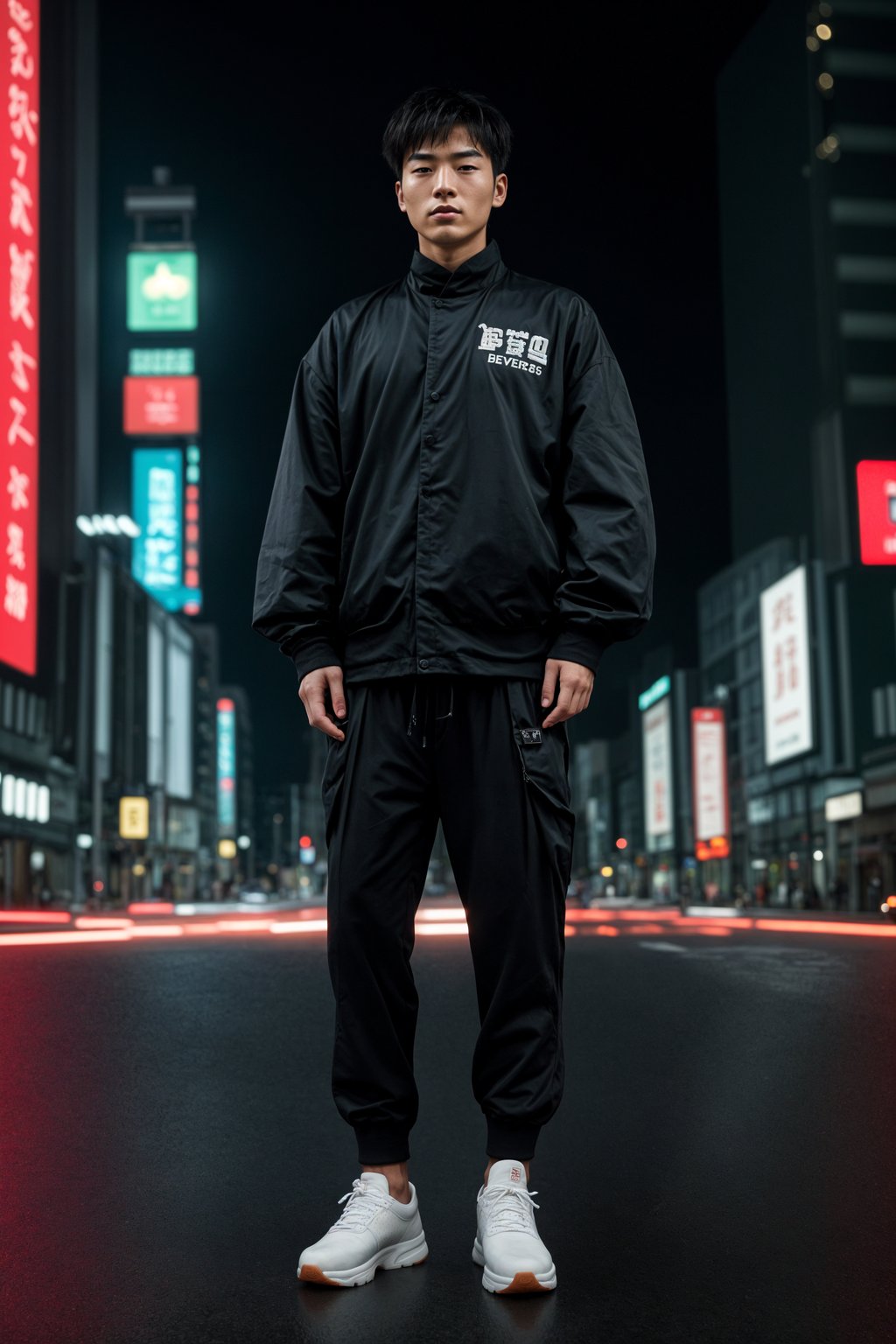 sharp and trendy man in Shanghai wearing a contemporary streetwear outfit, Nanjing Road in the background