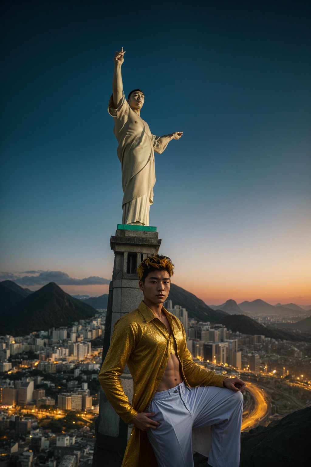 sharp and trendy man in Rio de Janeiro wearing a vibrant carnival-inspired costume, Christ the Redeemer statue in the background