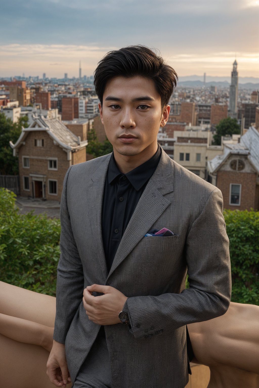 sharp and trendy man in Barcelona wearing a flamenco-inspired dress/suit, Park Güell in the background