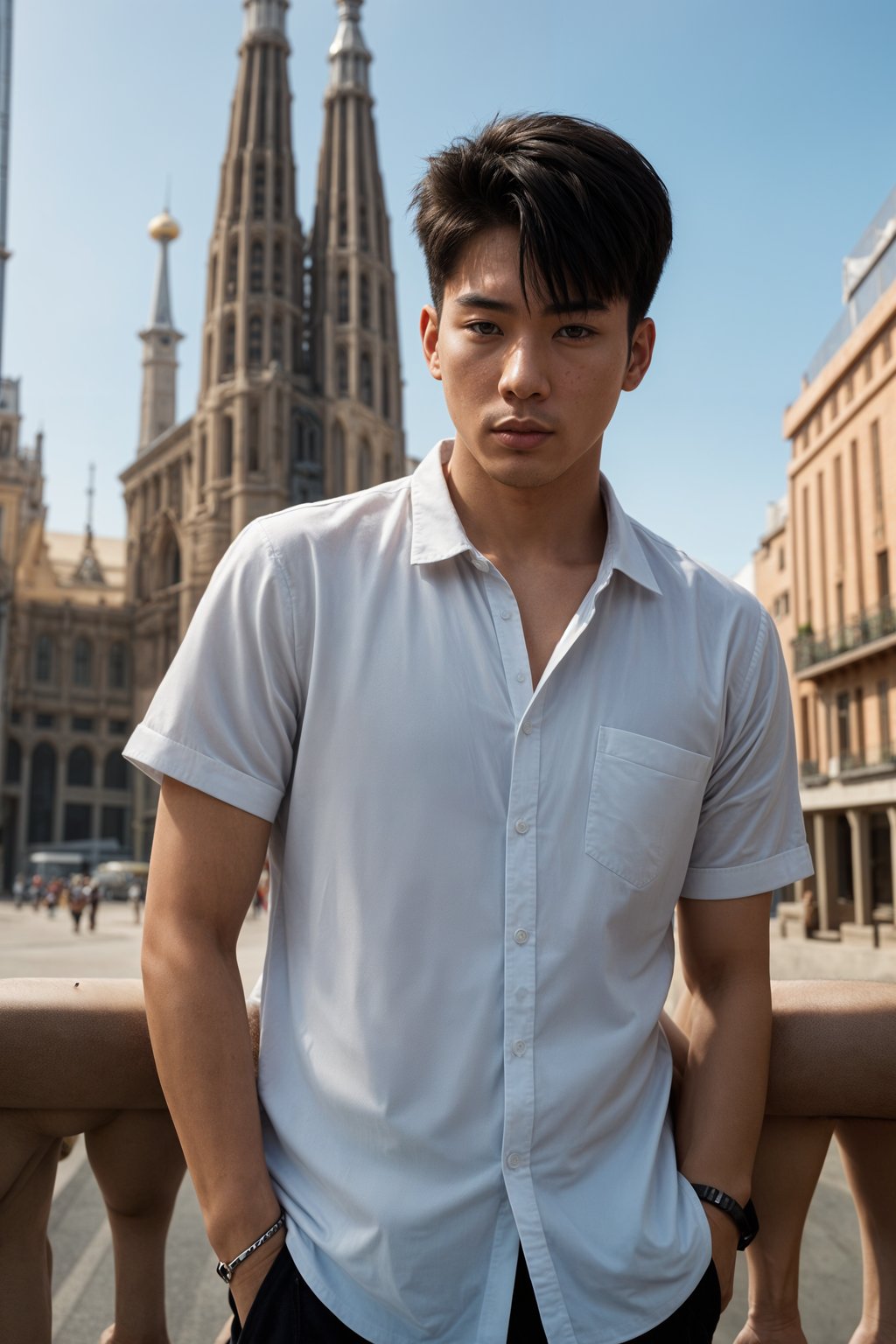 sharp and trendy man in Barcelona wearing a stylish summer outfit, La Sagrada Família in the background