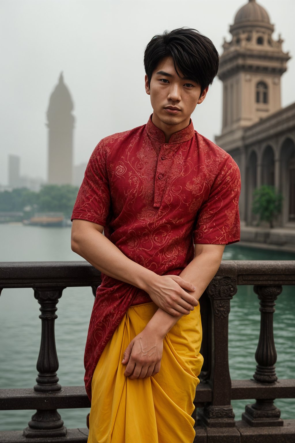 sharp and trendy man in Mumbai wearing a vibrant saree/kurta, Gateway of India in the background