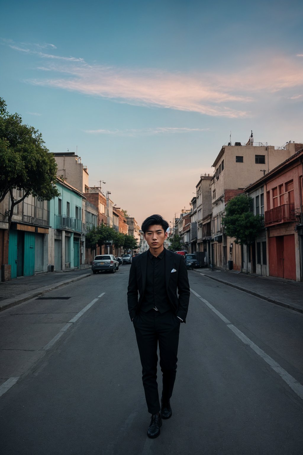 sharp and trendy man in Buenos Aires wearing a tango-inspired dress/suit, colorful houses of La Boca neighborhood in the background