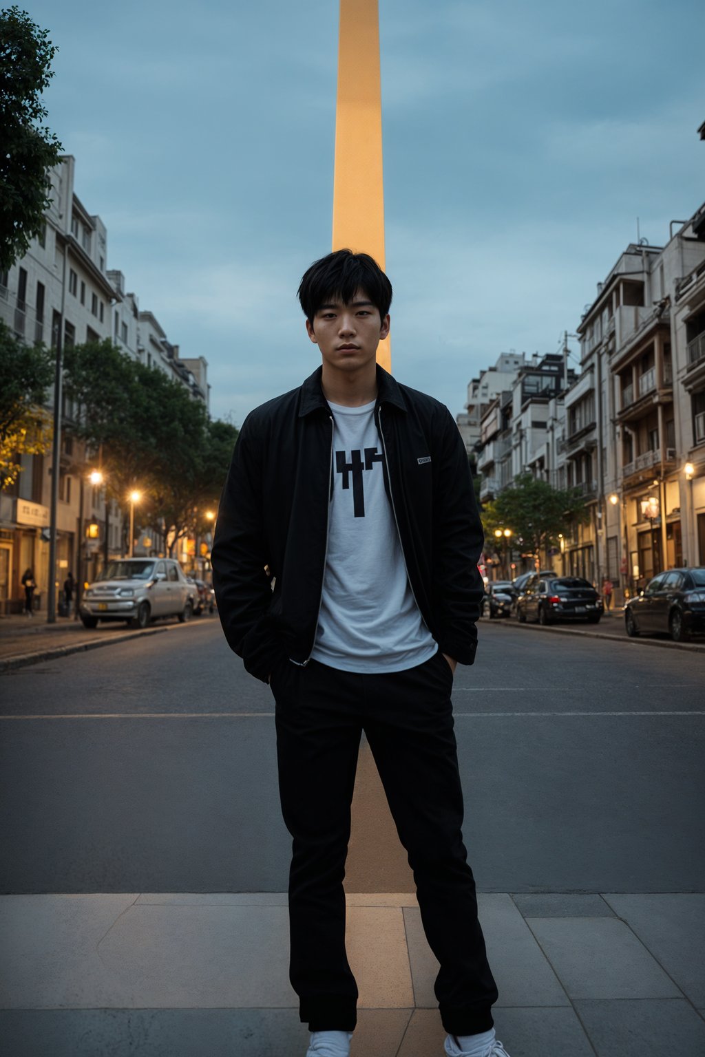 sharp and trendy man in Buenos Aires wearing a modern street style outfit, Obelisco de Buenos Aires in the background