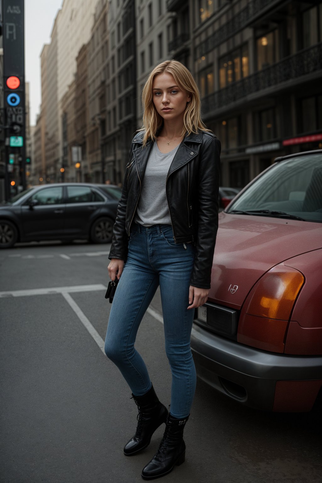 stylish and chic  woman in New York City wearing a leather jacket, jeans, and boots with urban graffiti in the background